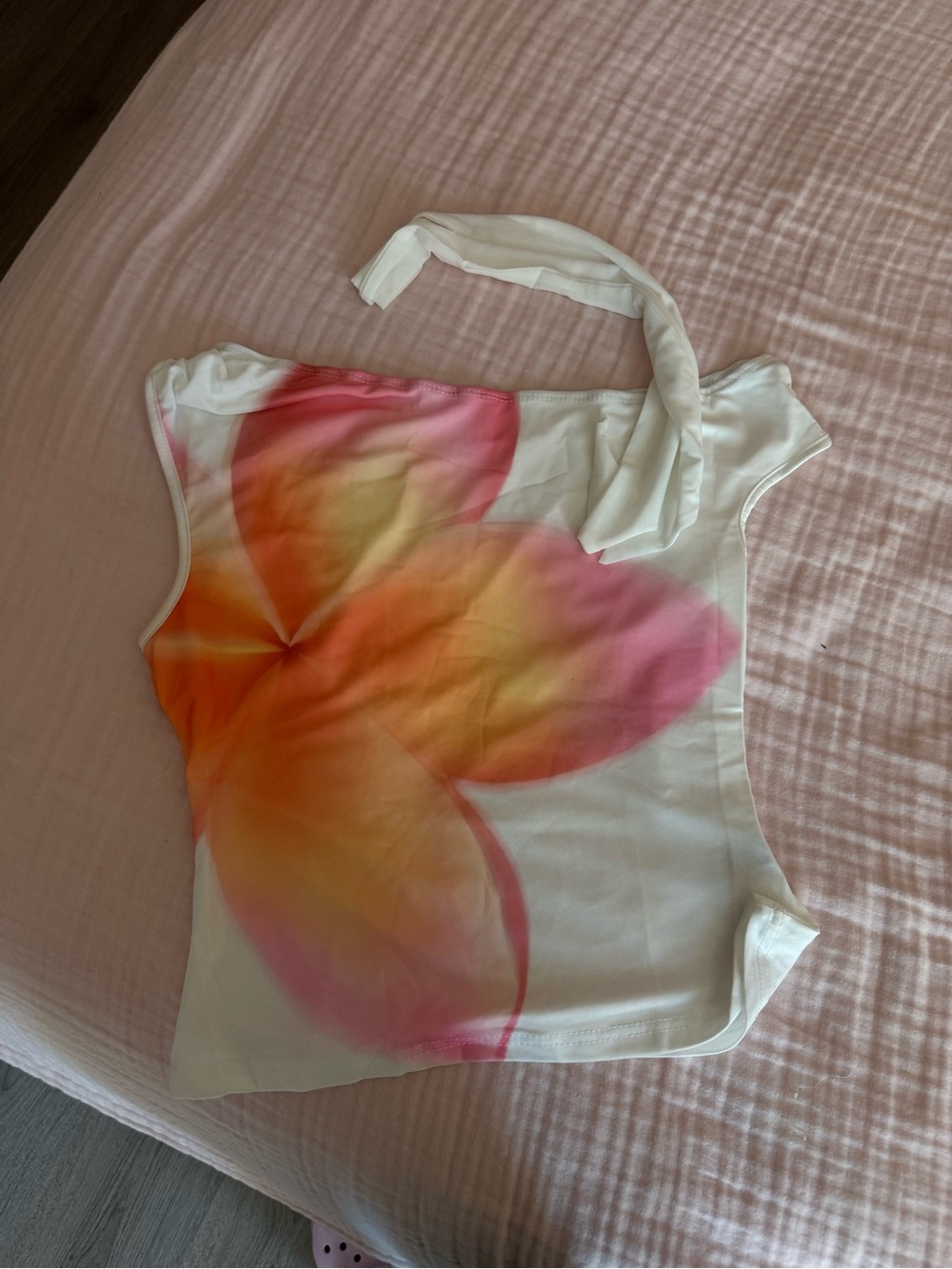 Women's White Halter Tank Top with Pink & Orange Floral Print